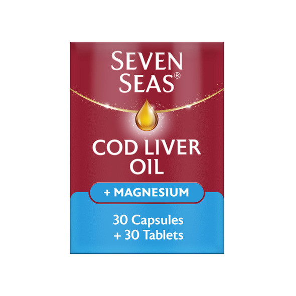 Cod Liver Oil Plus Magnesium By Seven Seas, Omega-3 Supplement Supporting Brain, Heart, Vision, Plus Magnesium To Reduce Tiredness, 30 Capsules + 30 Tablets