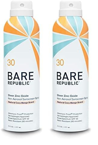 Bare Republic Mineral Sunscreen Spf 30 Sunblock Spray Sheer And Non-Greasy Finish Coconut Mango Scent 6 Fl Oz (Pack Of 2)