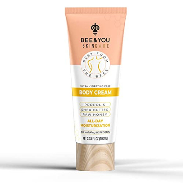 Bee And You Ultra Hydrating Body Cream Moisturizer Shea Butter Argan Oil Vitamin B5 Raw Honey And Propolis Extract 100% Natural Fast Absorbing Skin Care 3.38 Fl. Oz