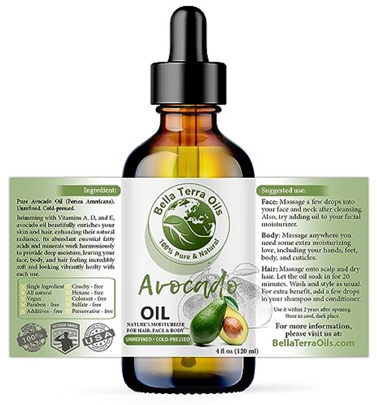 Bella Terra Oils - Avocado Oil 4Oz - Pure Essence Of Cold-Pressed Avocado Boosted With Vitamin A Impeccable For Mixing And Blending