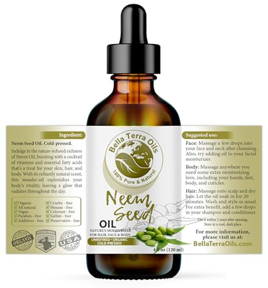 Bella Terra Oils - Organic Neem Seed Oil 4Oz - Immerse In The Benefits Of Organic Neem Enriched With Amino Acids & Omega-6 Nourishing Skin Treat Bella Terra Oils - Organic Neem Seed Oil 4Oz - Immerse In The Benefits Of Organic Neem Enriched With Amino Acids & Omega-6 Nourishing Skin Treat