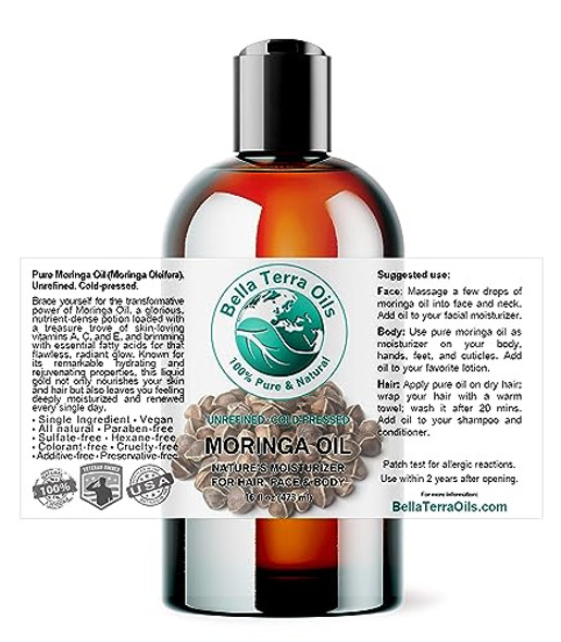 Bella Terra Oils - Organic Moringa Oil 16 Oz - Cold-Pressed Mastery Packed With Vitamins & Antioxidants Impeccable For Natural Skin Nourishment Bella Terra Oils - Organic Moringa Oil 16 Oz - Cold-Pressed Mastery Packed With Vitamins & Antioxidants Impeccable For Natural Skin Nourishment