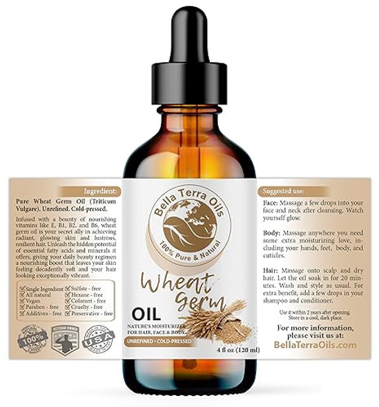 Bella Terra Oils - Organic Wheat Germ Oil 4Oz - A Symphony Of Vitamin E & C Pure Essence Of Face Oil Dive Into Natural Glow & Suppleness