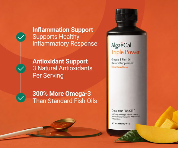 ALGAECAL Triple Power 1200mg EPA & DHA Omega 3 Fish Oil Supplement Supporting Brain Heart Skin & Bones Liquid Emulsion Mango Taste Burp-Less Sugar-Free Made in USA