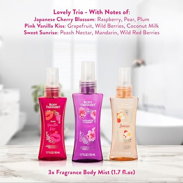 Body Fantasies Body Spray Holiday Set For Her - 3 Piece Lovely Scents Sampler Perfect For Stocking Stuffers