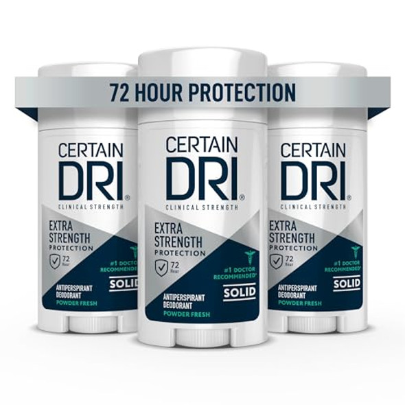 Certain Dri Extra Strength Clinical Solid Antiperspirant Hyperhidrosis Treatment For Men & Women Long-Lasting 72Hr Protection Effective Sweat Control Travel Friendly Powder Fresh Scent 1.7Oz