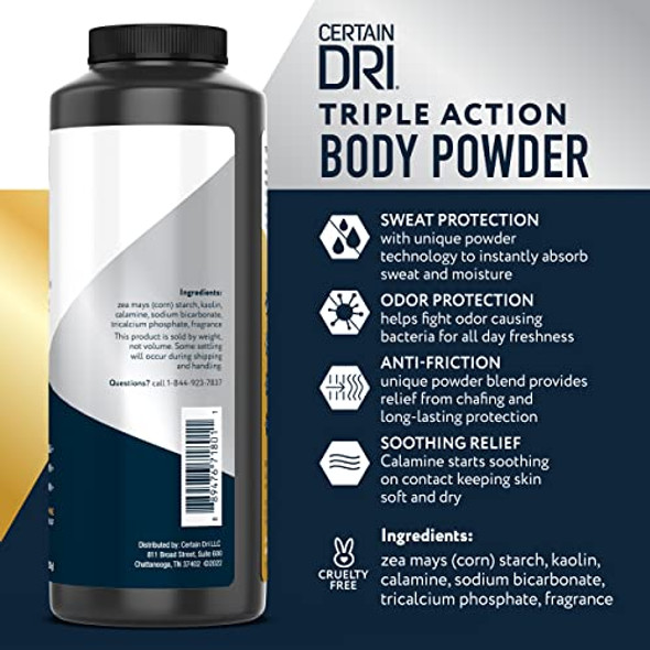 Certain Dri Body Powder For Men & Women – Talc- Maximum Sweat Absorption Moisture & Odor Control – Calamine-Infused Anti-Chafing & Anti-Itch Gentle On Sensitive Skin (8 Oz)