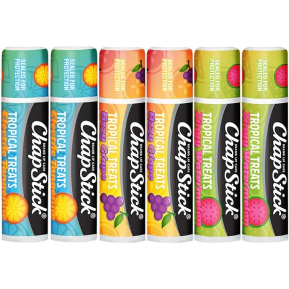 Chapstick Lip Care Set Tropical Treats Collection 2-Pack (6 Sticks Total) – Electric Tangerine Fizzy Grape & Zingy Watermelon Lip Balm 0.15 Oz Ea