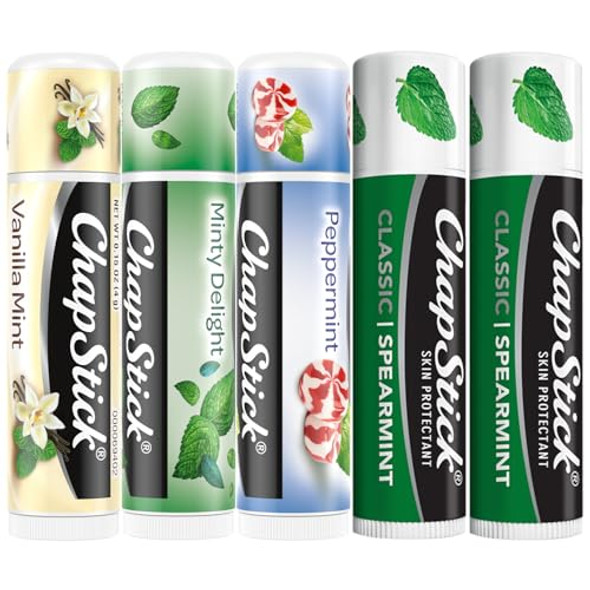 Chapstick Lip Balm Mint Favorites (Vanilla Mint Minty Delight And Peppermint) + 2 Classic Spearmint 0.15 Oz Ea (5 Piece Set)