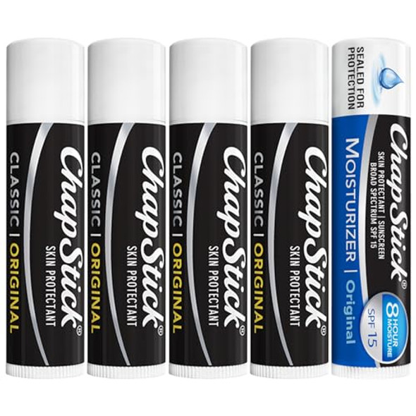 Chapstick Original Lip Balm 4-Pack + 1 Chapstick Moisturizer 2-In-1 Lipcare With Spf 15 0.15 Oz Ea (5 Piece Set)