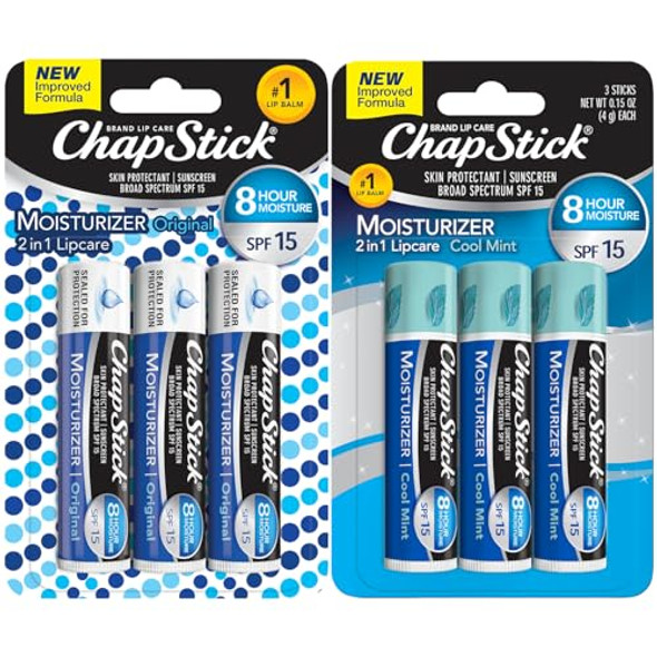 Chapstick Moisturizer 2-In-1 Lipcare 6-Pack (3 Original 3 Cool Mint) – 8-Hour Lip Balm With Broad Spectrum Spf Aloe & Vitamin E 0.15 Ea
