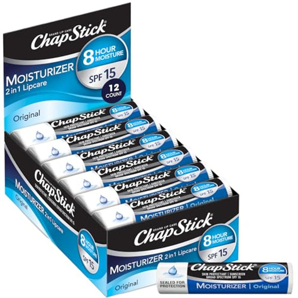 Chapstick Moisturizer 2-In-1 Lipcare Spf 15 Original 12-Pack – 8-Hour Sunscreen Lip Balm With Aloe Vera And Vitamin E 0.15 Oz Ea