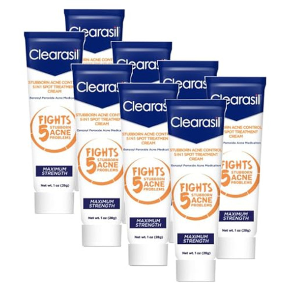Clearasil Stubborn Acne Control 5In1 Spot Treatment Cream Maximum Strength Benzoyl Peroxide Acne Medication Fights Blocked Pores Pimple Size Excess Oil Acne Marks & Blackheads 1 Oz (Pack Of 8)