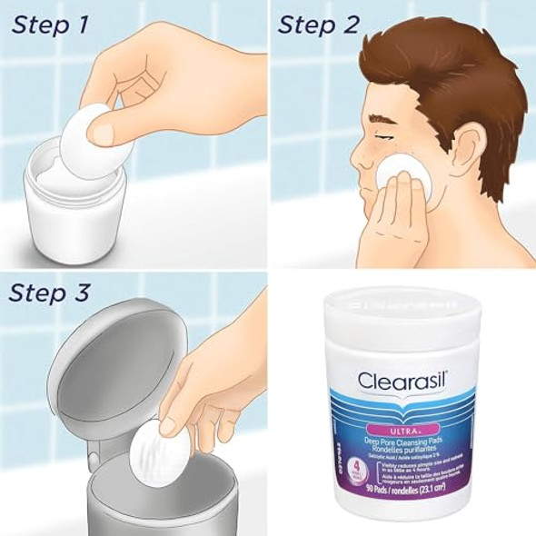 Clearasil Ultra Deep Pore Cleansing Pads Salicylic Acid Acne Treatment Visibly Reduce Pimple Size And Redness In 4 Hours 90 Pads (Pack Of 3) Clearasil Ultra Deep Pore Cleansing Pads Salicylic Acid Acne Treatment Visibly Reduce Pimple Size And Redness In 4 Hours 90 Pads (Pack Of 3)