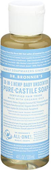 Dr. Bronner'S Magic Soaps Pure Castile Soap 18-In-1 Hemp Unscented Baby Mild 4 Fluid Ounces (118 Ml)