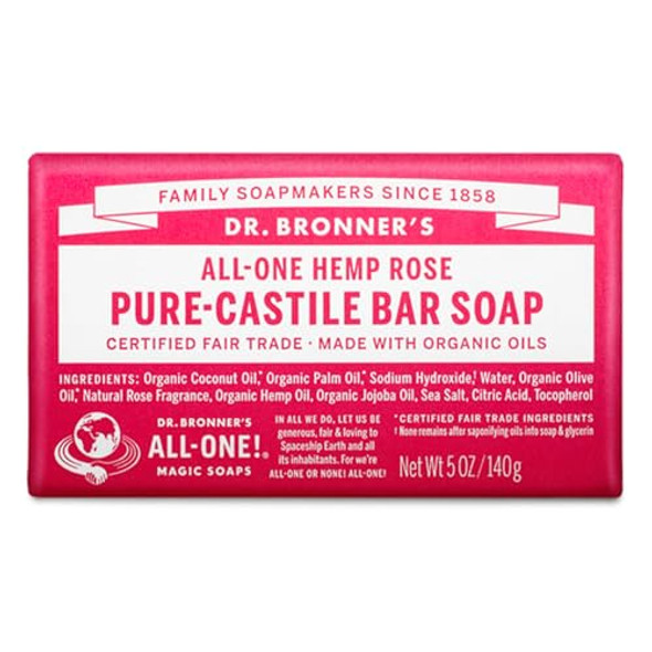 Dr. Bronner'S - Pure-Castile Bar Soap (Rose 5 Ounce) - Made With Organic Oils For Face Body And Hair Gentle And Moisturizing Biodegradable Vegan Cruelty- Non-Gmo