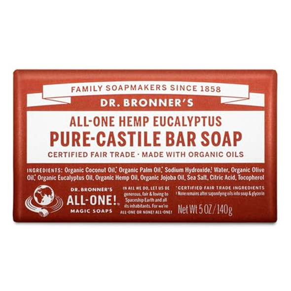 Dr. Bronner'S - Pure-Castile Bar Soap (Eucalyptus 5 Ounce) - Made With Organic Oils For Face Body And Hair Gentle And Moisturizing Biodegradable Vegan Cruelty- Non-Gmo