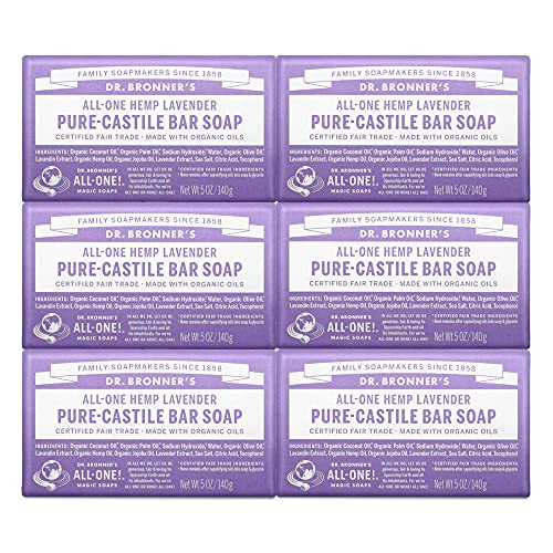Dr. Bronner's - Pure-Castile Bar Soap (Lavender 5 ounce 6-Pack) - Made with Organic Oils For Face Body and Hair Gentle and Moisturizing Biodegradable Vegan Cruelty- Non-GMO