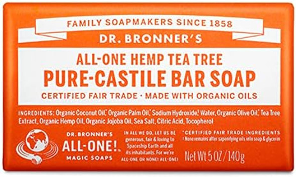 Dr. Bronner'S - Pure-Castile Bar Soap (Tea Tree 5 Ounce) - Made With Organic Oils For Face Body Hair And Dandruff Gentle On Acne-Prone Skin Biodegradable Vegan Non-Gmo