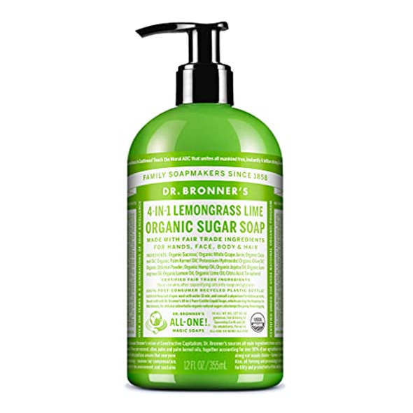 Dr. Bronner'S - Organic Sugar Soap (Lemongrass 12 Ounce) - Made With Organic Oils Sugar And Shikakai Powder 4-In-1 Use: Hands Body Face And Hair Cleanses Moisturizes And Nourishes Vegan