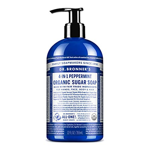 Dr. Bronner's - Organic Sugar Soap (Peppermint 12 oz) - Made with Organic Oils Sugar & Shikakai Powder 4-in-1 Uses: Hands Body Face & Hair Cleanses Moisturizes & Nourishes Vegan Non-GMO