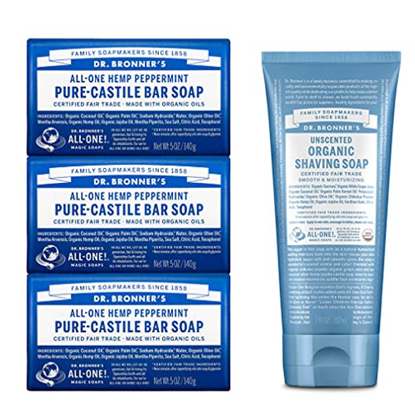Dr. Bronner'S - Set: 3 Peppermint Soaps And 1 Unscented Shaving Soap - Organic Cleanses And Moisturizes Versatile Use On Face Body Hair And More Non-Gmo Vegan (4-Pack)