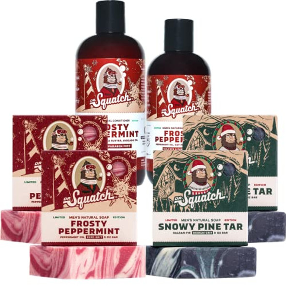 Dr. Squatch Men'S Natural Soap And Hair Care - Snowy Pine Tar And Frosty Peppermint Shampoo And Conditioner - Blizzard Expanded Pack - Limited Edition Holiday Bundle