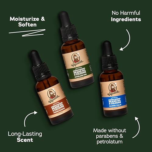 Dr. Squatch Conditioning Beard Oil & Cologne 3 Pack - Natural Men'S Beard Oil Pack - Nourish & Moisturize - Long Lasting Scent - Fireside Bourbon Glacial Falls Woodland Pine