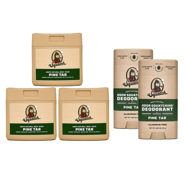Dr. Squatch Body Wash And Deodorant For Men Set No Paraben Phthalate Sulfate Odor-Squatching Aluminum- Pine Tar Body Wash (8 Oz 3-Pack) & Deodorant (2.56 Oz 2-Pack)
