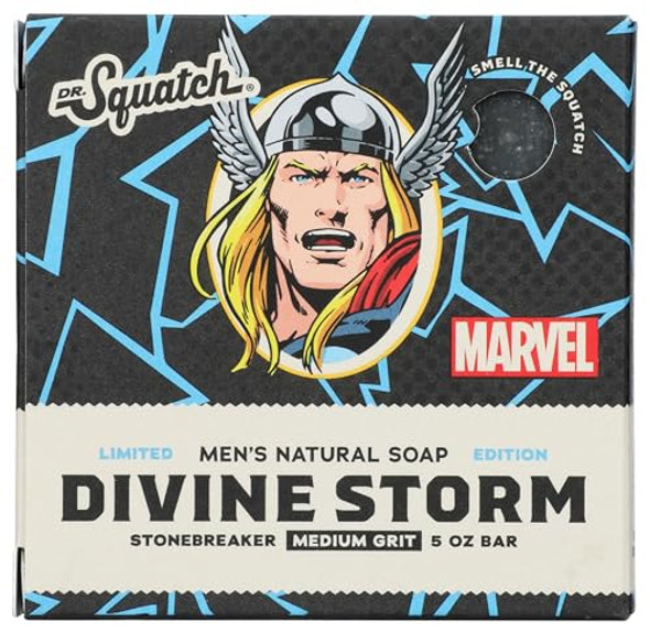 Dr. Squatch All Natural Divine Storm Limted Edition Men'S Bar Soap With Medium Grit Marvel Thor Stonebreaker Made From Natural Oils Black