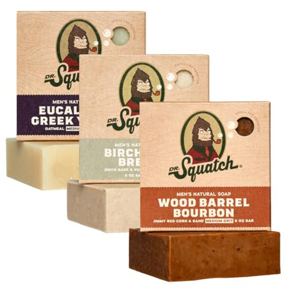 Dr. Squatch Natural Bar Soap For Men - Cold Process Soap With No Harsh Chemicals - Wood Barrel Bourbon Birchwood Breeze & Eucalyptus Greek Yogurt (5 Oz 3-Pack) Dr. Squatch Natural Bar Soap For Men - Cold Process Soap With No Harsh Chemicals - Wood Barrel Bourbon Birchwood Breeze & Eucalyptus Greek Yogurt (5 Oz 3-Pack)