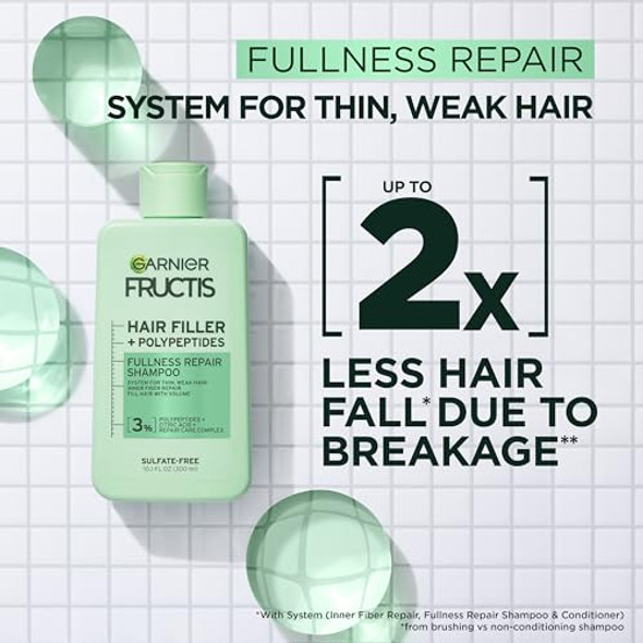 Garnier Fructis Hair Filler Bonding Pre-Shampoo + Fullness Repair Shampoo Conditioner + Thickeing Spray Set With Polypeptides (4 Items) 1 Kit