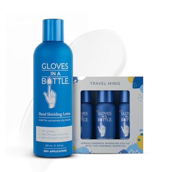 Gloves In A Bottle Hand Lotion For Nurses – Hand Cream For Dry Cracked Hands Eczema & Psoriasis Relief – Silicone Glove Hand Cream For Healthcare Workers (Original 8 Oz + Travel Mini)