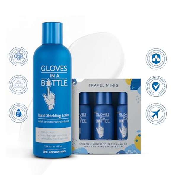 Gloves In A Bottle Hand Lotion For Nurses – Hand Cream For Dry Cracked Hands Eczema & Psoriasis Relief – Silicone Glove Hand Cream For Healthcare Workers (Original 8 Oz + Travel Mini)