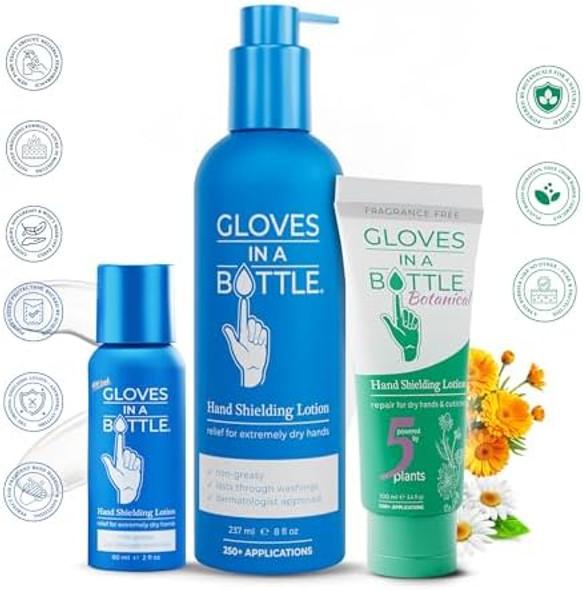 Gloves In A Bottle Non-Greasy Hand Cream – Silicone Glove Cream – Water Resistant Barrier Lotion Dry Cracked Hands – Relief For Eczema (Original 8 Oz Pump + Botanical Tube + 2 Oz)