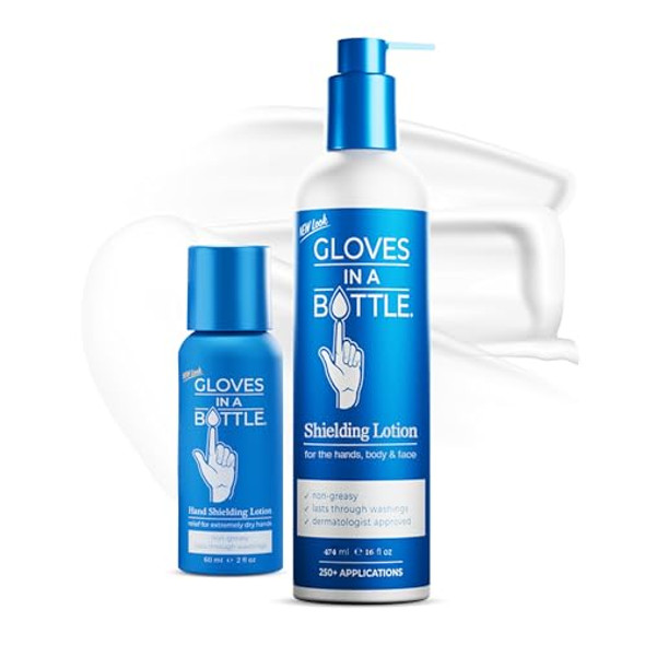 Gloves In A Bottle Psoriasis Eczema Relief Hand Lotion Travel Size - Shielding Lotion For Women Men 6 Months Old Or Older Babies - Cracked Hands Repair Cream (2 Oz + 16 Oz)