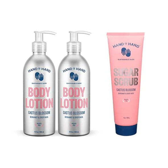 Hand In Hand Moisturizing Bundle Body Lotion 10 Fl Oz. (2 Pack) With Sugar Scrub 9 Oz. (Single) Cactus Blossom Scent