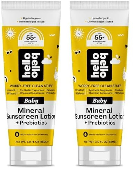 Hello Bello Mineral Spf 55+ Sunscreen Lotion With Prebiotics I Water Resistant And Reef Friendly Sun Protection For Babies And Kids I 3 Fl Oz (Pack Of 2)