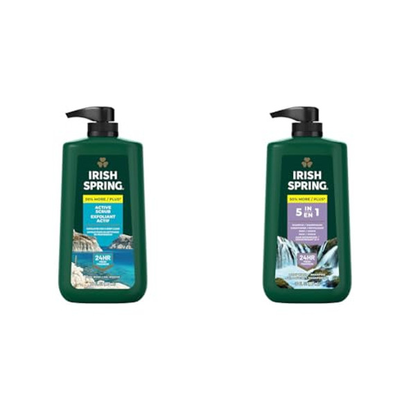 Irish Spring Active Scrub 30 Oz & 5 In 1 Body Wash For Men 30 Oz 4-Pack Bundle