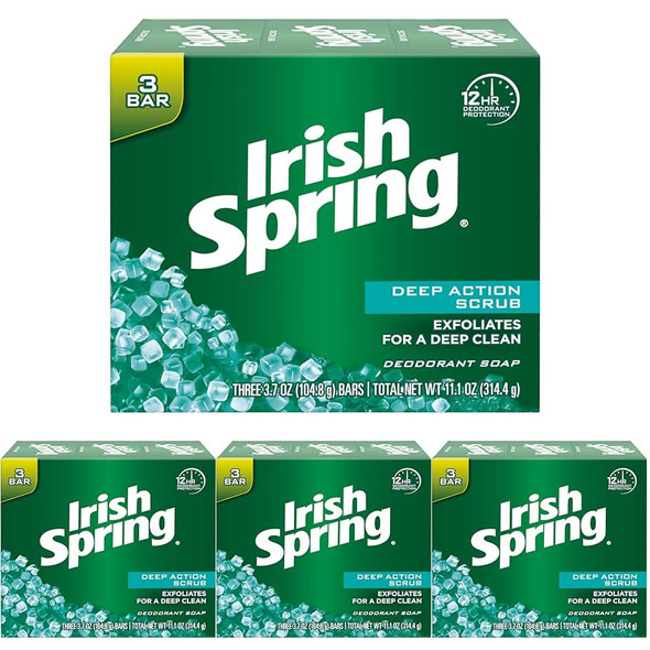 Irish Spring Deep Action Scrub Deodorant Soap By 3 Count Fresh 11.1 Oz (Packaging May Vary)