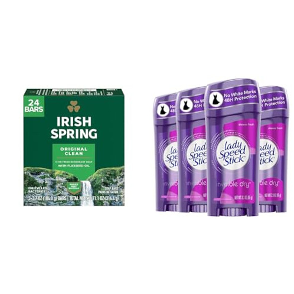 Irish Spring Bar Soap For Men Original Clean Scent 3 Count 3.7 Ounce And Lady Speed Stick Invisible Dry Antiperspirant Deodorant Shower Fresh 4 Pack 2.3 Ounce