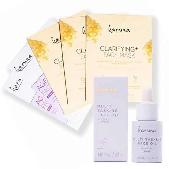 Karuna Age-Defying + Clarifying Sheet Masks (5-Pack) & Multi-Tasking Face Oil (30 Ml) – Glow-Boosting Skincare Set For Nourished Radiant Skin