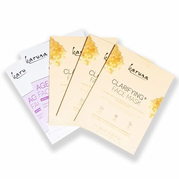 Karuna Age-Defying + Clarifying Sheet Masks (5-Pack) & Multi-Tasking Face Oil (30 Ml) – Glow-Boosting Skincare Set For Nourished Radiant Skin