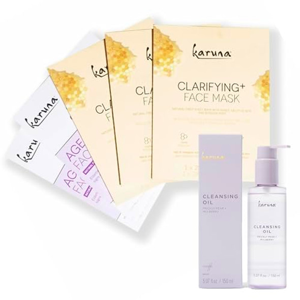 Karuna Age-Defying + Clarifying Sheet Masks (5-Pack) & Cleansing Oil (30 Ml) – Hydrating + Purifying Skincare Set For Balanced Nourished Skin