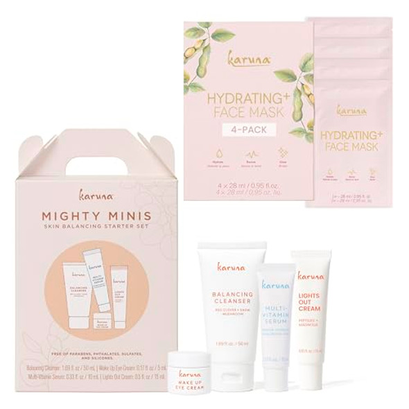 Karuna Mighty Minis Starter Set With Hydrating+ Face Mask 4-Pack Moisture-Boosting Skincare Duo For Soft Smooth And Replenished Skin