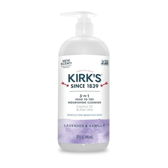 Kirk'S 3-In-1 Head To Toe Nourishing Liquid Cleanser- For Men Women & Children - Premium Coconut Oil & Aloe Vera- Non Gmo & Vegan - Lavender And Vanilla - 32 Fl Oz.