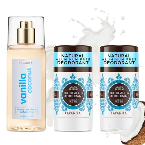 Lavanila Vanilla Coconut Deodorant (2-Pack) + Hair & Body Perfume Mist - Madagascar Vanilla Creamy Coconut Tahitian Tiare Flower