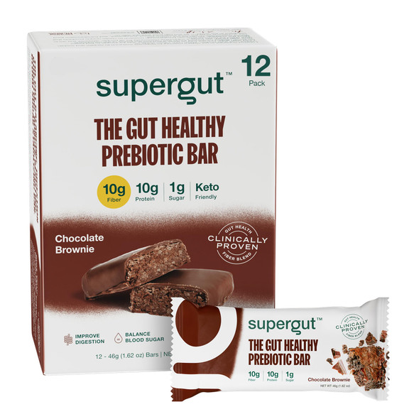 Supergut GLP-1 Boosting Prebiotic Bars Chocolate Brownie - Gut Healthy Protein Snacks & Breakfast Bars - Keto-Friendly Meal Replacement Energy Bars (12 Count)