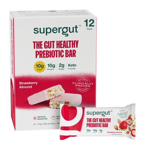 Supergut GLP-1 Boosting Prebiotic Bars Strawberry Almond - Gut Healthy Protein Snacks & Breakfast Bars - Keto-Friendly Meal Replacement Energy Bars for Gut Health (12 Count)