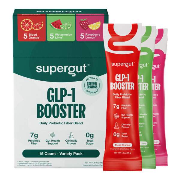 Supergut Gut Healthy Flavored GLP-1 Booster Variety Pack - High Fiber GLP-1 Supplement Powder for Women & Men - Sugar-Free Drink Mix for Gut Health & Digestive Support (15 Servings)